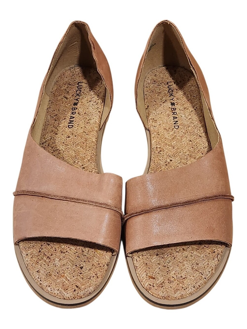 Lucky Brand Fentin 2 Leather Open Toe Flats Tan Neutral Slip On Shoes Size 10